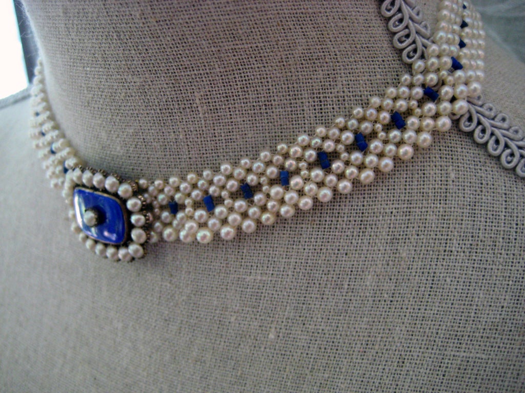 Artist Pearl, Lapis Lazuli, and Bue Enamel Necklace with Pearl and 14k Gold Clasp