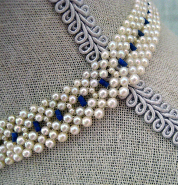 Pearl, Lapis Lazuli, and Bue Enamel Necklace with Pearl and 14k Gold Clasp In New Condition In Los Angeles, CA