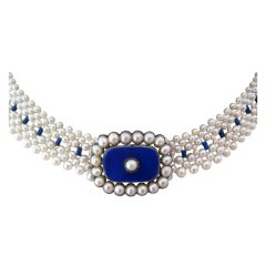 Marina J. Woven Pearl, Lapis Lazuli, Enamel, Gold Necklace