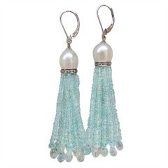 Pearl Aquamarine Tassel Earrings