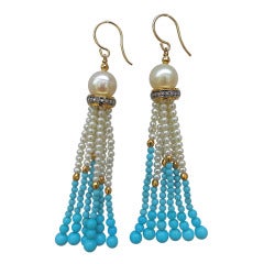 Pearl, Gold and Turquoise Tassel Earrings