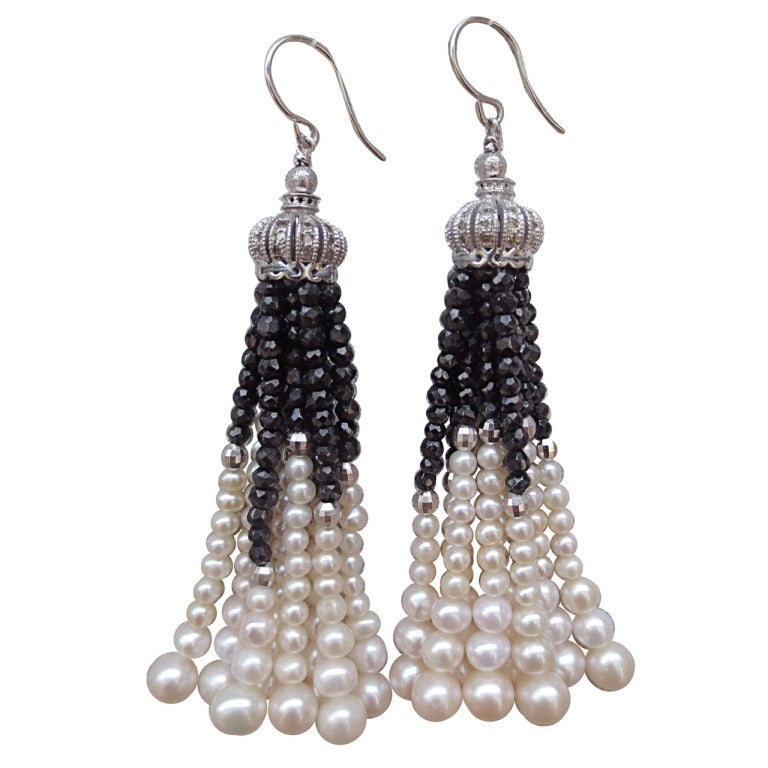 Pearl Onyx Diamond Tassel Earrings