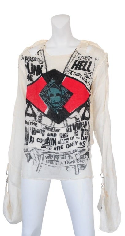 Seditionaries white cotton gauze muslin 'Punk Hell' shirt. Exaggerated sleeve length with clip and 'D' ring details . c. 1976 - 1979