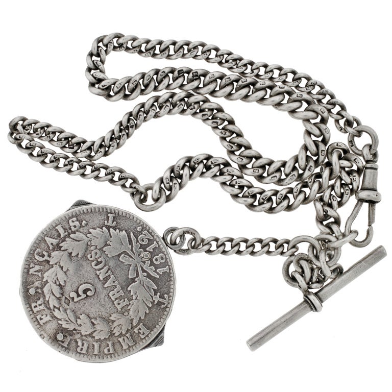A unique and very unusual Franc coin pendant and chain from the early Victorian (ca1812) era! This particular sterling silver coin was minted in 1812 and has been beautifully handcrafted and transformed from a single Franc sterling silver coin into