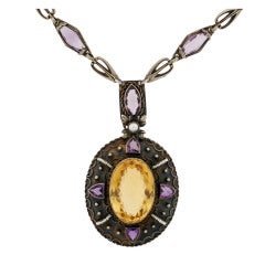 Arts & Crafts Sterling Citrine & Amethyst Necklace