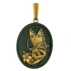 Antique Victorian Raised Butterfly Onyx Gold Locket with Diamonds