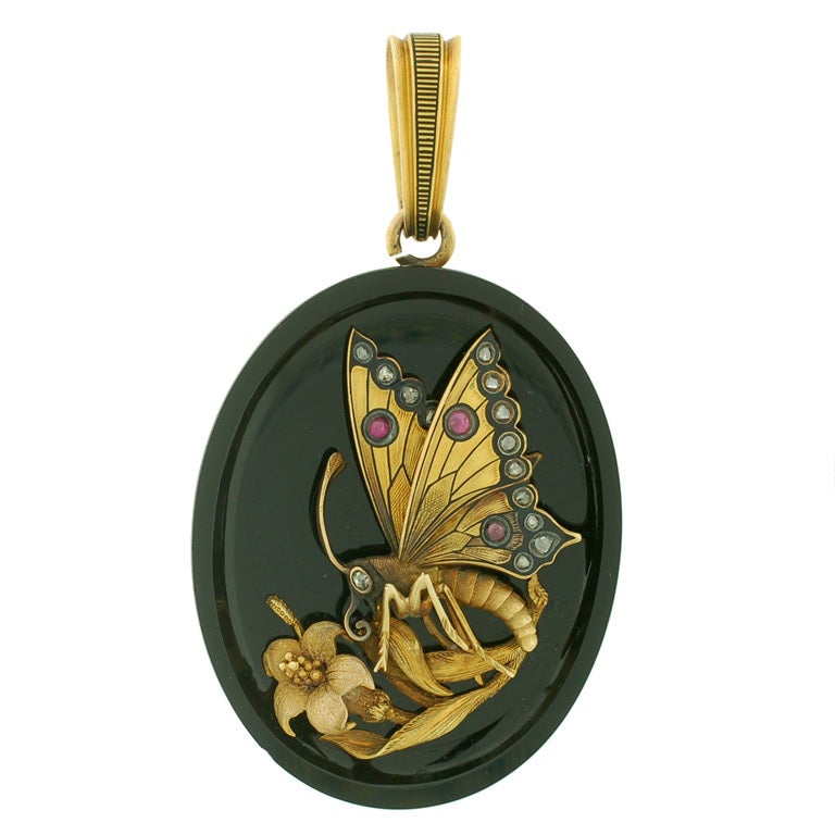 Victorian Raised Butterfly Onyx Gold Locket with Diamonds