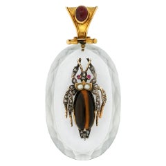 Victorian Rock Crystal, Diamond, Garnet & Tiger Eye Bug Pendant 5