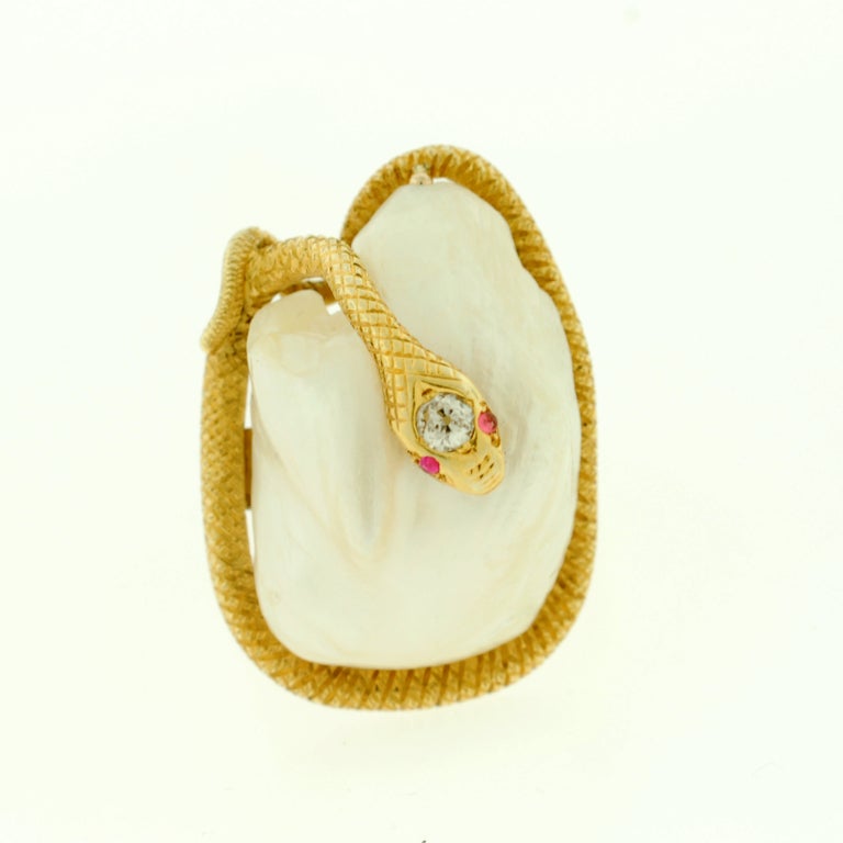 Women's Victorian Large Natural Pearl & Diamond Gold Snake Ring