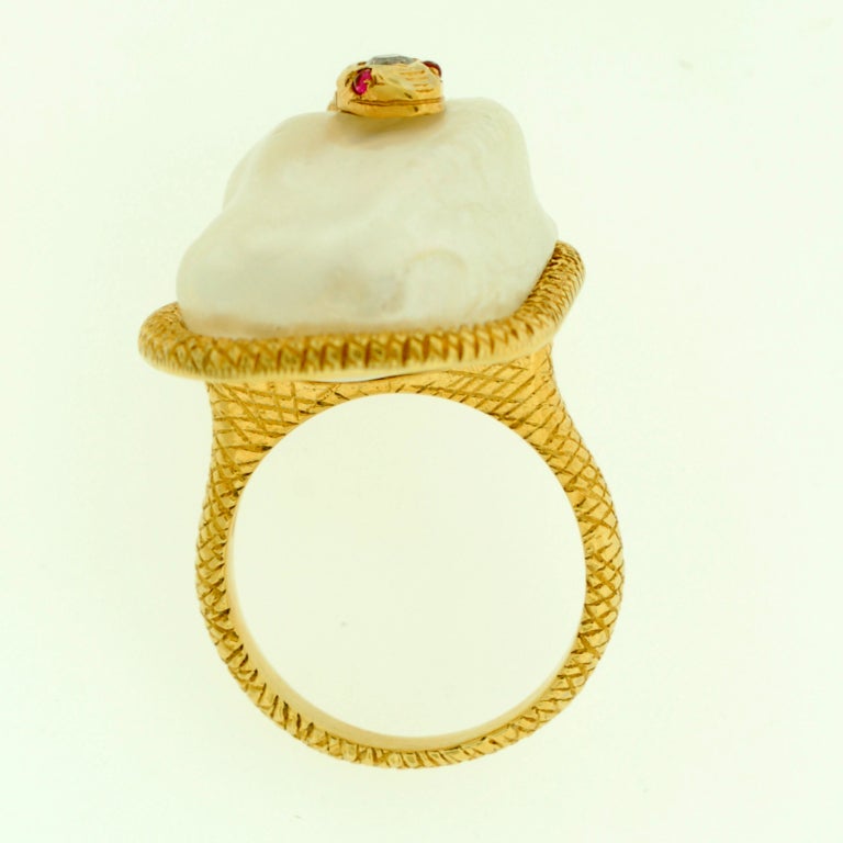 Victorian Large Natural Pearl & Diamond Gold Snake Ring 2