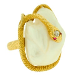 Victorian Large Natural Pearl & Diamond Gold Snake Ring