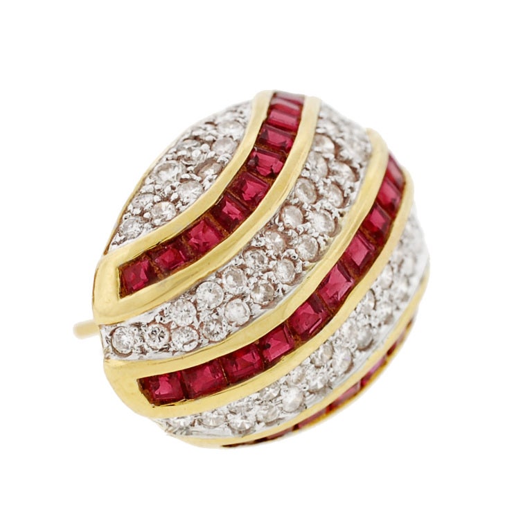 Contemporary Diamond & Ruby Omega Clip Gold Earrings 1