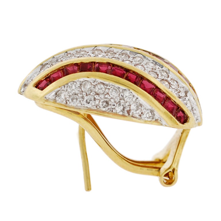 Contemporary Diamond & Ruby Omega Clip Gold Earrings 3