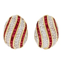 Contemporary Diamond & Ruby Omega Clip Gold Earrings