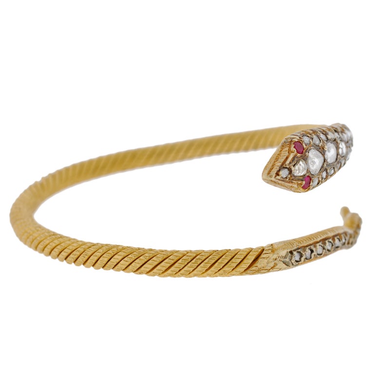 Women's Contemporary Rose Cut Diamond & Ruby Snake Gold Bracelet