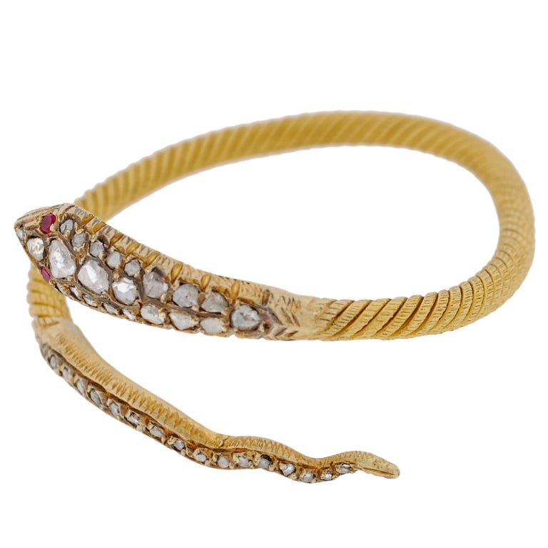 Contemporary Rose Cut Diamond & Ruby Snake Gold Bracelet 1