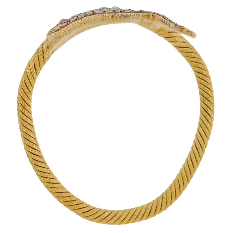 Contemporary Rose Cut Diamond & Ruby Snake Gold Bracelet 2