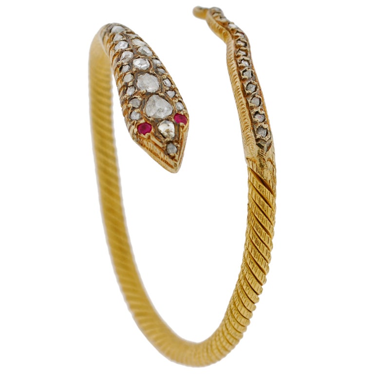 Contemporary Rose Cut Diamond & Ruby Snake Gold Bracelet 3