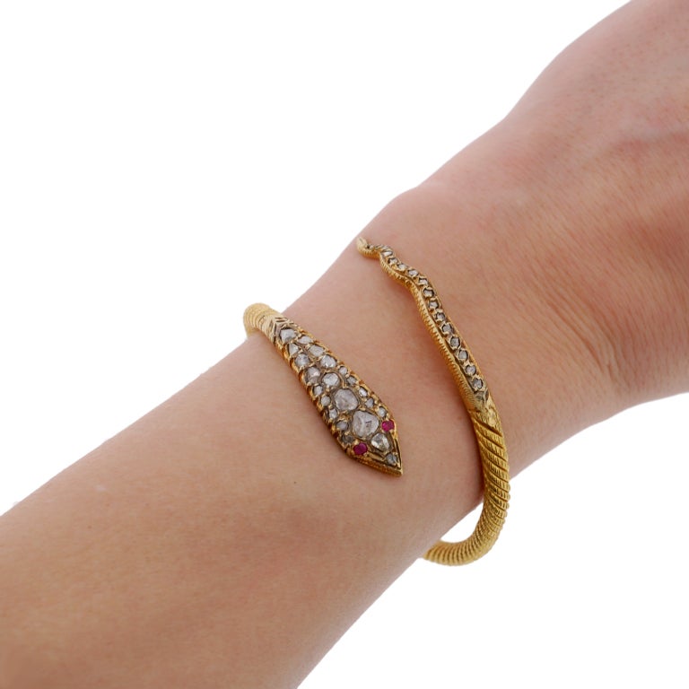 Contemporary Rose Cut Diamond & Ruby Snake Gold Bracelet 5