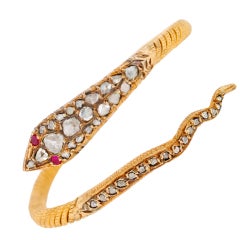 Contemporary Rose Cut Diamond & Ruby Snake Gold Bracelet