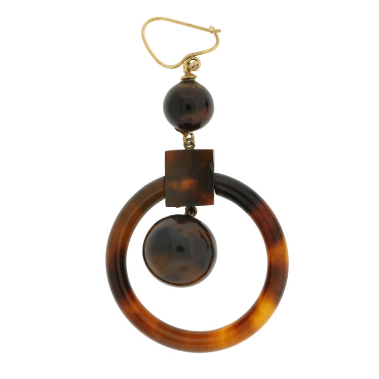 Now a banned material, Antique tortoise shell jewelry has become very collectable. These hoop earrings, in particular, are simply wonderful and from the Victorian (ca1880) era! Each begins with a tortoise shell ball surmount, which is attached to