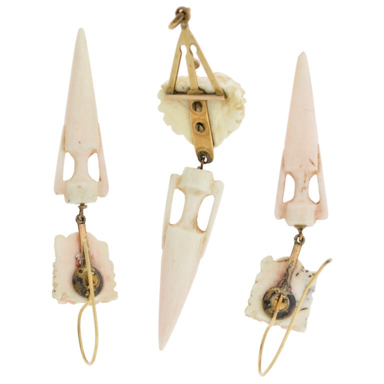 Victorian Hand Carved Angel Skin Coral Earring & Pendant Set 4