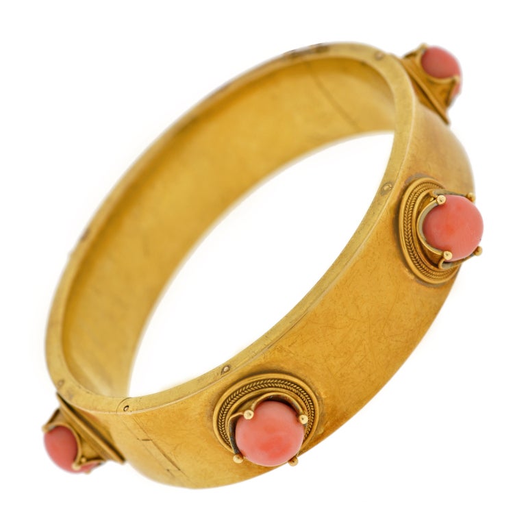 Victorian Coral Bead Hinged Bangle Gold Bracelet