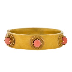 Antique Victorian Coral Bead Hinged Bangle Gold Bracelet