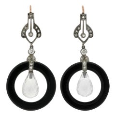 Art Deco Onyx Crystal & Diamond Plat Top Gold Earrings