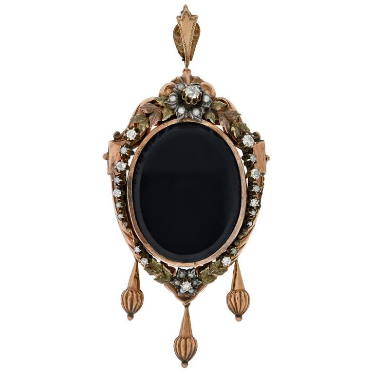 Victorian 15kt Diamond & Pearl Wreathed Gold Locket For Sale