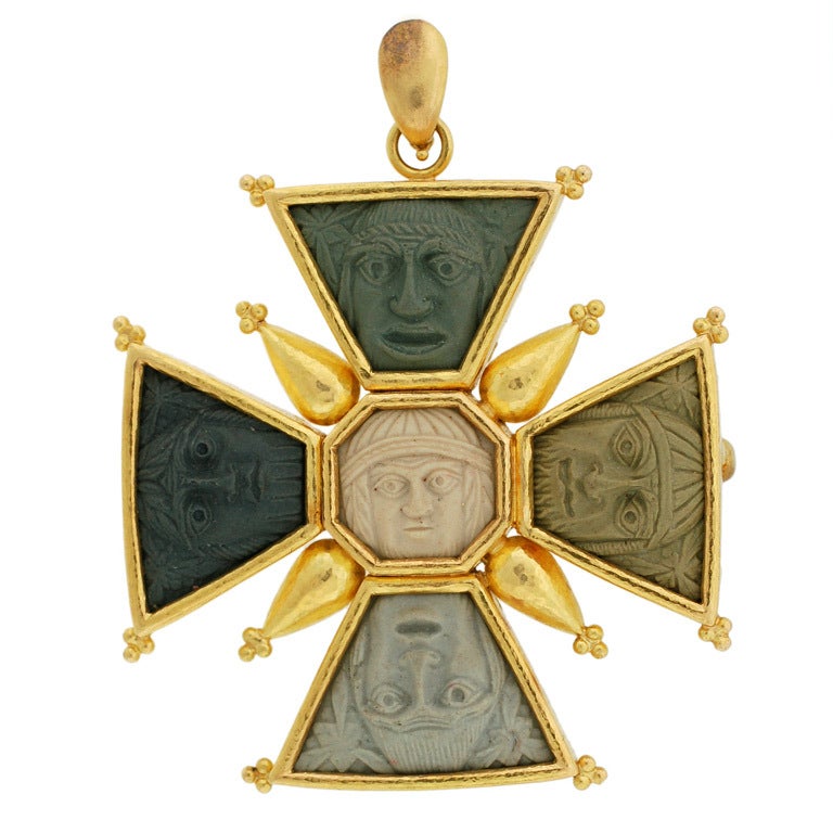 ELIZABETH LOCKE Carved Lava Cameo Maltese Cross Pendant/Pin