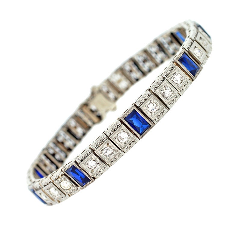 Art Deco Diamond & Sapphire Gold Line Bracelet