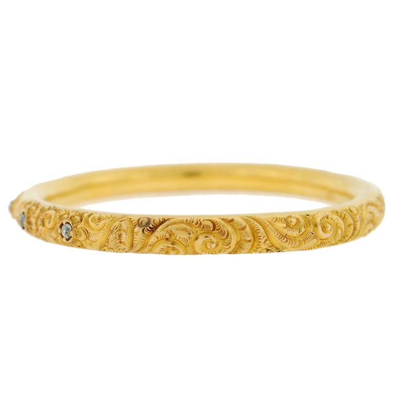 Victorian Diamond Repousse Gold Bangle Bracelet For Sale at 1stdibs
