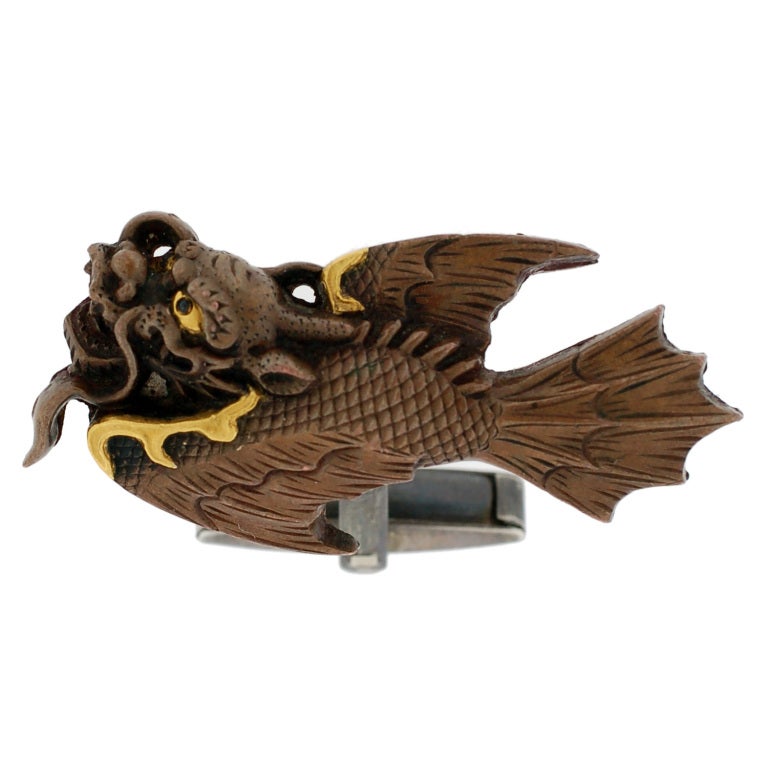 Victorian Shakudo Dragon/Fish Cufflinks In Excellent Condition In Narberth, PA