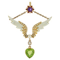 Art Nouveau Suffragette Peridot, Pearl, Amethyst Winged Pendant