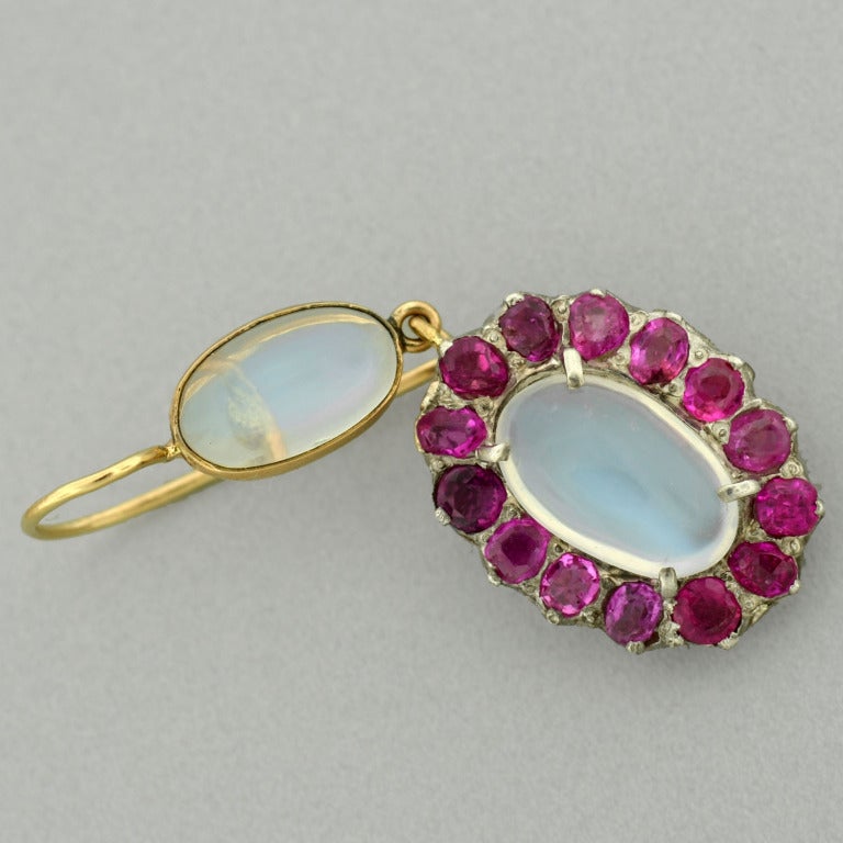 Women's Art Nouveau Moonstone & Ruby Cluster Earrings