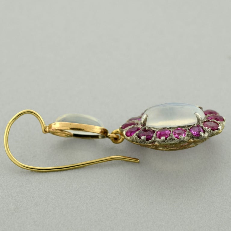 Art Nouveau Moonstone & Ruby Cluster Earrings 1