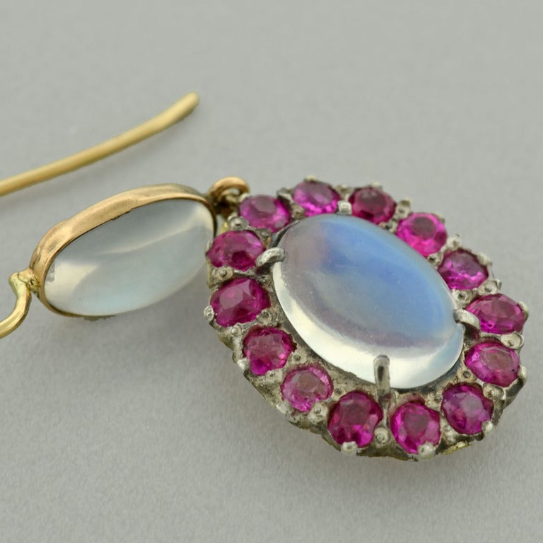 Art Nouveau Moonstone & Ruby Cluster Earrings 2