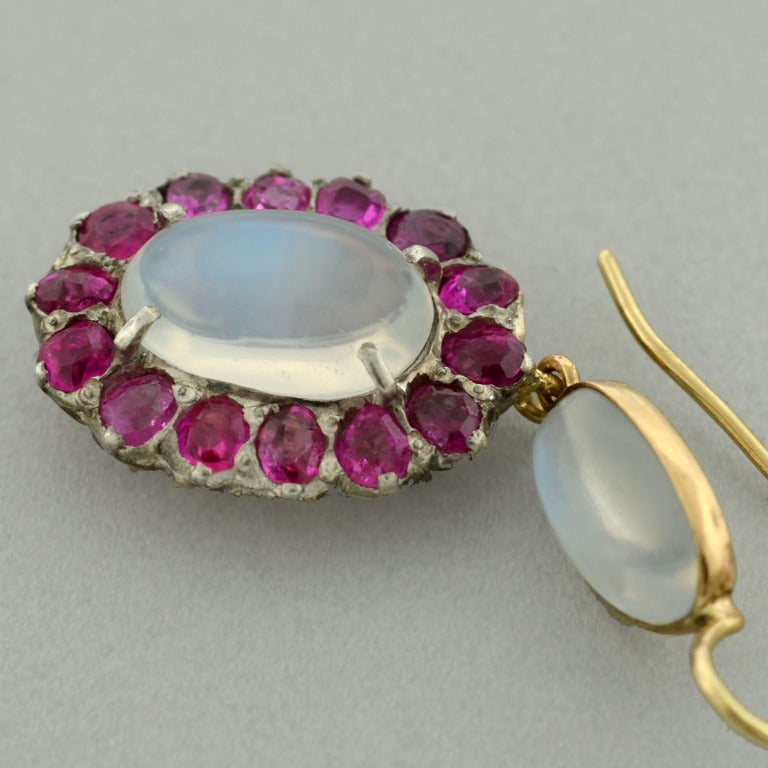 Art Nouveau Moonstone & Ruby Cluster Earrings 3