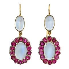 Art Nouveau Moonstone & Ruby Cluster Earrings