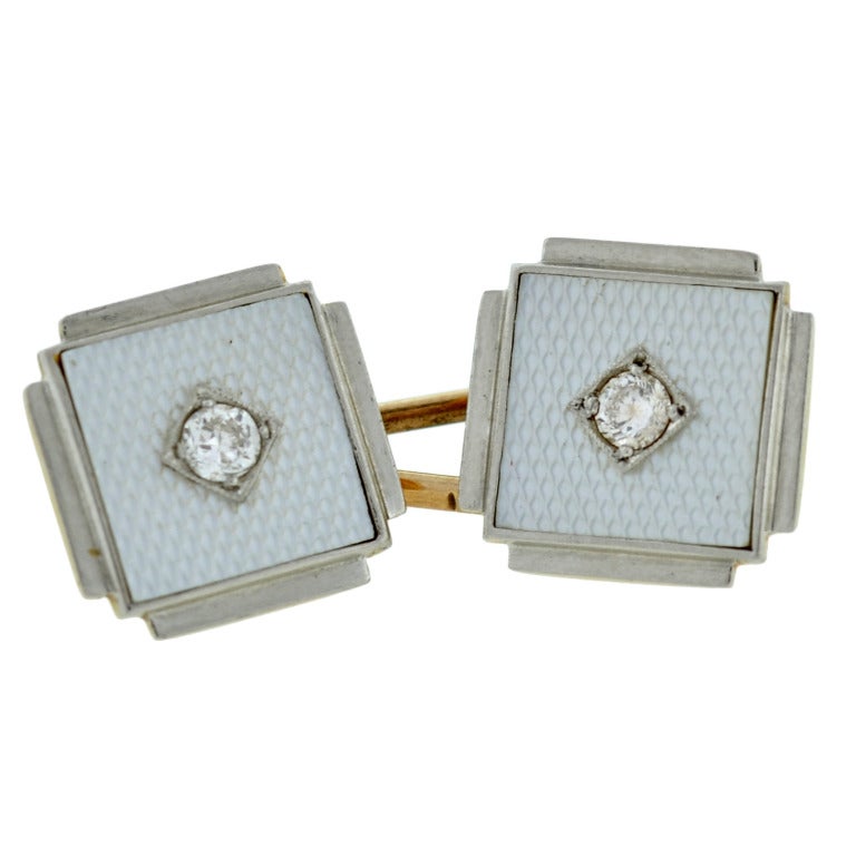 Art Deco Guilloche Enameled & Diamond Cufflinks In Excellent Condition In Narberth, PA