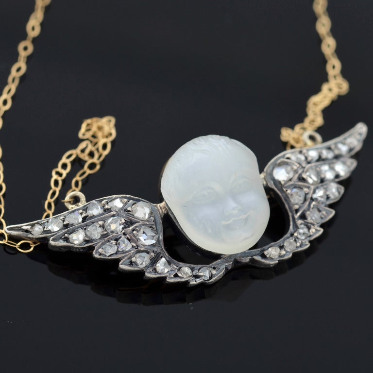 Rose Cut Victorian Hand Carved Cherub Moonstone and Diamond Pendant Necklace