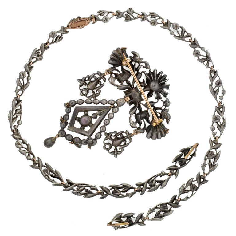 Women's Georgian Rose Cut Diamond Pin & Necklace Set For Sale