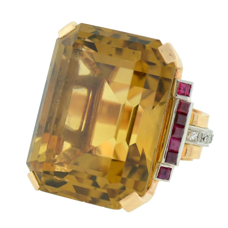 Retro 70.00 Carat Citrine Ruby Cocktail Ring In Excellent Condition In Narberth, PA