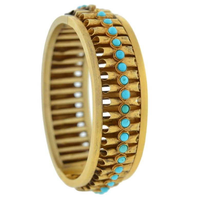 Victorian Persian Turquoise Fluted Gold Bangle Bracelet 1