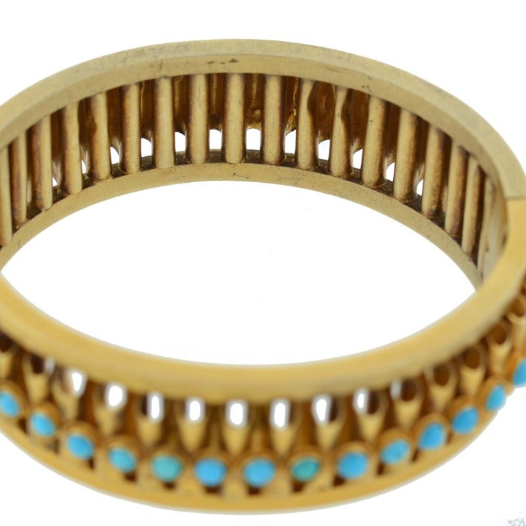 Victorian Persian Turquoise Fluted Gold Bangle Bracelet 2