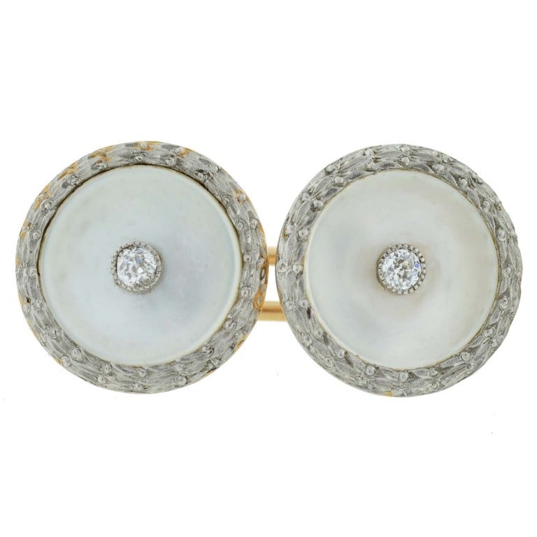 Édouardien Boutons de manchette nacre et diamant de style édouardien français