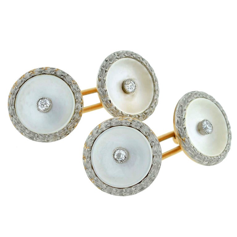 Boutons de manchette nacre et diamant de style édouardien français