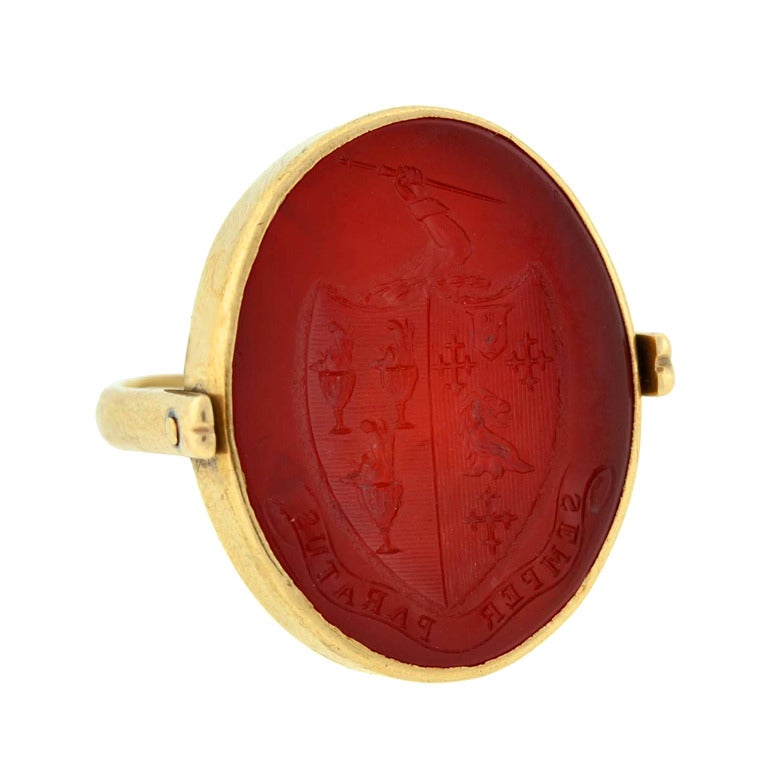 Victorian Carved Carnelian Family Crest Intaglio Flip Ring