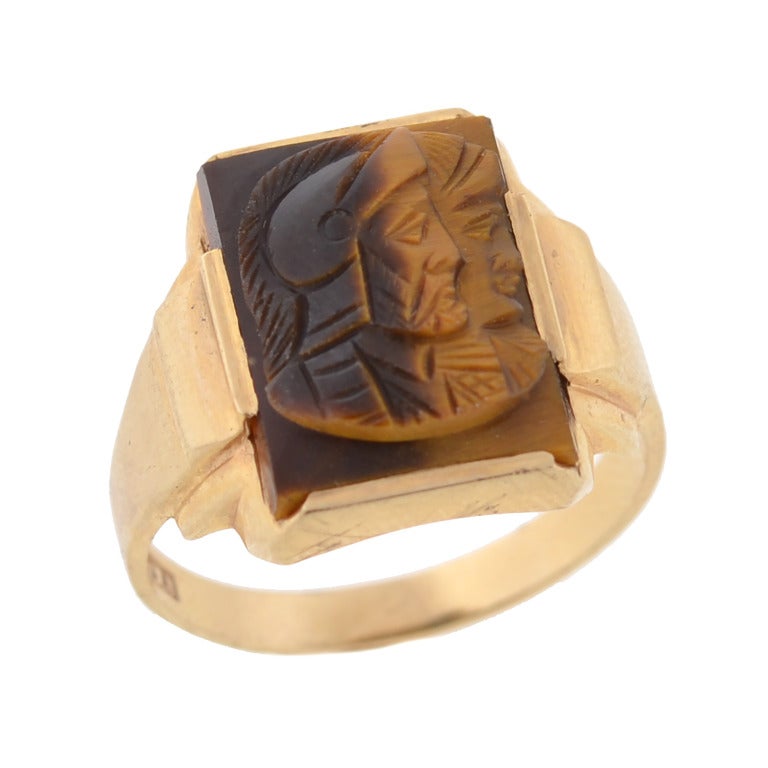 Women's or Men's Victorian Tiger's Eye Carved Roman Soldier Ring